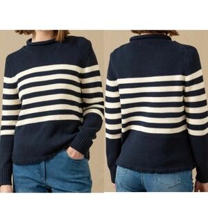 Quaker Marine Supply Navy Blue White Striped Cotton Mock Neck Sweater Womens M